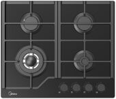Варочная панель газовая Midea MG693TGB черное стекло, газ-контроль, 60 см, Чугунные решетки, WOK